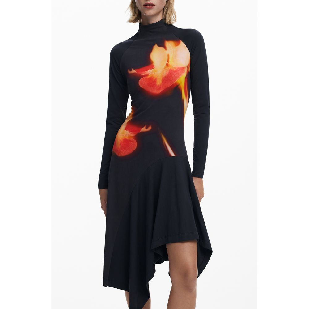 Black Cotton Women's Dress with Turtleneck and Long Sleeves